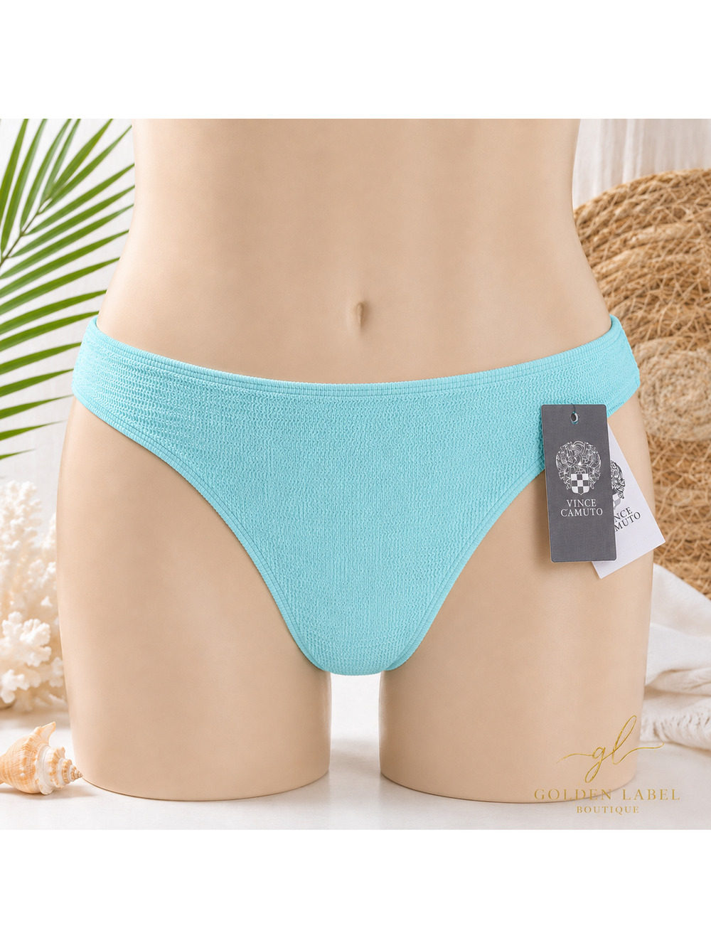 Vince Camuto Bikini Bottom Women’s L Aqua Smocked High Waist NWT